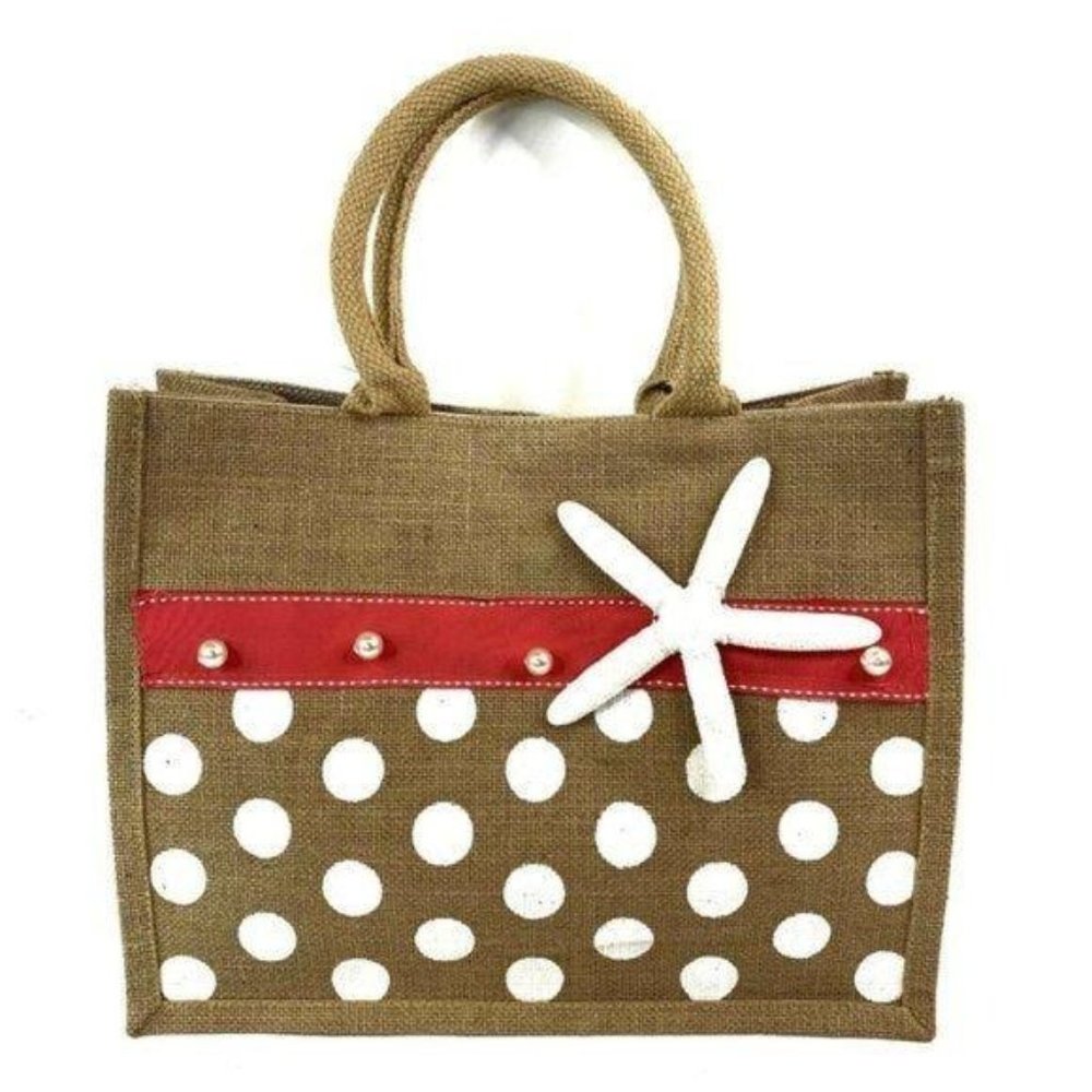 Beach Bag Polka Dot Jute Fibers Sea Star Pearls